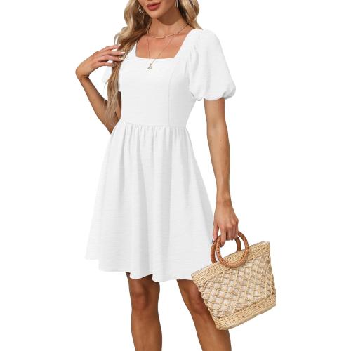 OFEEFAN Women Puff Sleeve Square Neck Tie in Back Dresses with Zipper. Off white/ size small