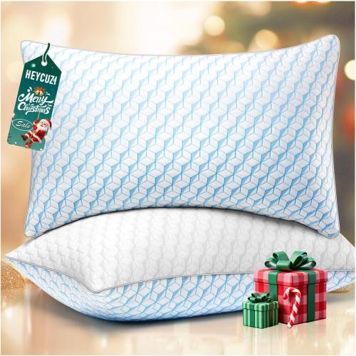Bed Pillows Queen Size for Sleeping - Cooling Down Alternative Breathable Soft Pillows Set of 2 for Side, Back, and Stomach Sleepers - Hotel Quality Fluffy Microfiber Fill Skin-Friendly