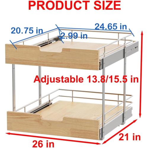 Pull Out Cabinet Organizer,Heavy-Duty Slide Out Shelf, Wood and Wire Basket, Pull Out Drawer for for Kitchen Under Sink Space, Pantry, Bathroom, 2 Tie 26 * 21 in