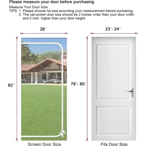 Size 24x80 Color White  Cat Screen Door is Suitable for Door Size 24''x 80'' to Prevent Pets from Running Out of The Screen Door with Zipper Closure, Cat Screens for Bedroom, Living Room,Courtyard Doors, White