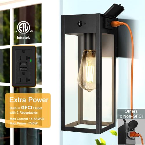 Porch Lights with GFCI Outlet, Large Motion Sensor Outdoor Lights