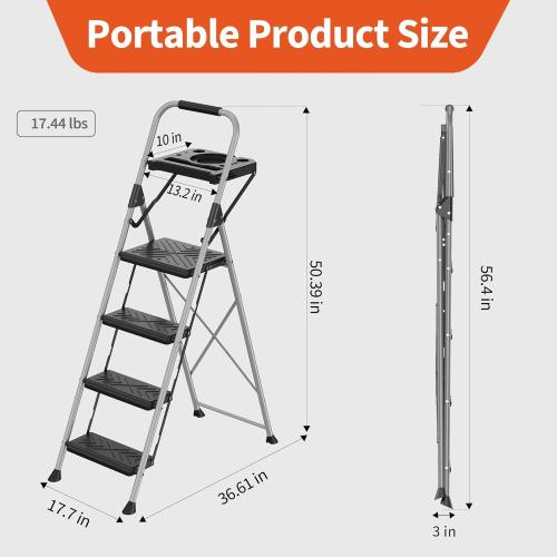 4 Step Ladder, Folding Step Stool with Tool Platform, Wide Anti-Slip Pedal and Anti-Slip Feet, Heavy-Duty Steel Construction, 900lbs Capacity Portable Safety Ladder, No Assembly Required, Grey