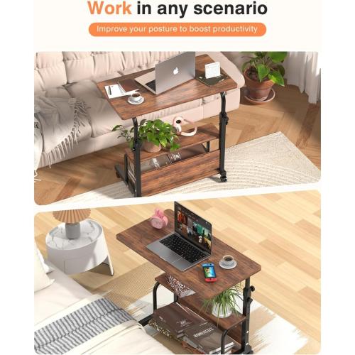 QZMDSM Portable Rolling Desk on Wheels Adjustable Height Desks for Small Spaces, 32 Computer Desk Drafting Tables with Storage Shelves for Home Office Rustic