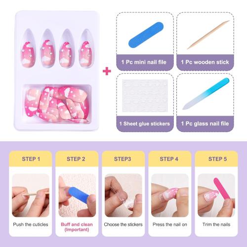 morily 24pcs Press on Nails Medium Length Almond Fake Nails Kit Long Ombre Pink Acrylic False Nails with White Cloud Design Crystal Artificial Glossy Stick on Nails Finger Manicure for Women