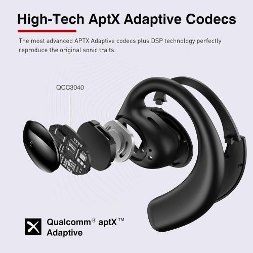 Black TRANYA Open Ear Bluetooth Headphones, Wireless Earbuds with APTX Adaptive Sound 16MM Large Driver, CVC8.0 Noise Cancellation, IPX5 Waterproof Sports Earbuds with 32H Playtime for Workout