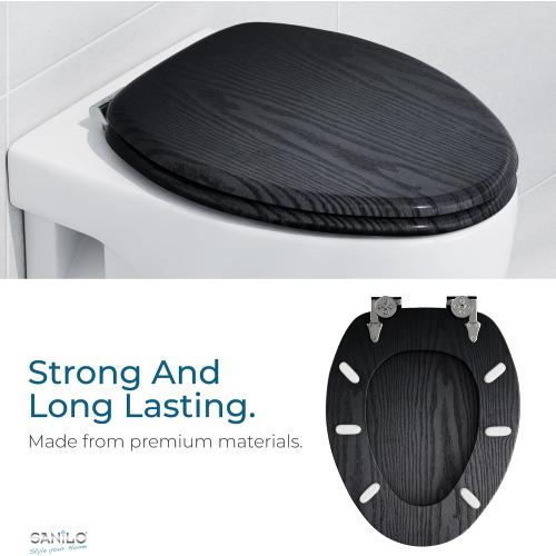 SANILO Wooden Toilet Seat with Soft Close [ELONGATED] - Decorative, Quiet & Slow Close Molded Wood Seat - With Strong Bumpers & Hinges - Adjustable Fit - Black Wood