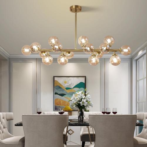 Modern Gold Chandelier Rectangle Pendant Light Ammber Globe Glass Sputnik Chandeliers Hanging Light Fixture 16-Light