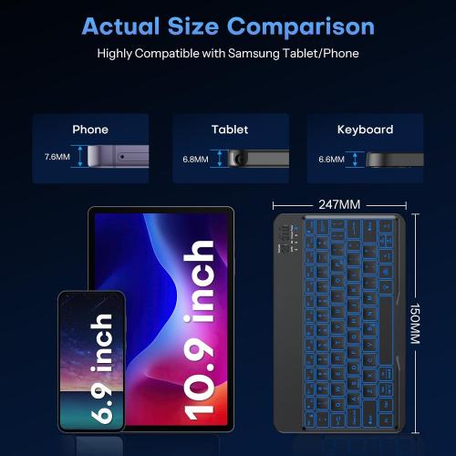 OMOTON Bluetooth Keyboard for Tablet/Android/Windows/iOS, with 7 Colors Backlight Rechargeable Wireless Mini Keyboard for Galaxy Tab A9  / S9 FE / S10 / S11 / A11 Series etc, Black