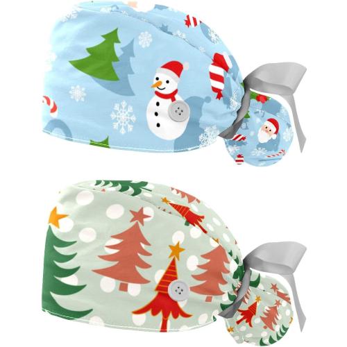 VIOQXI Scrub Cap for Women Medical Long Hair, 2 Packs Adjustable Ribbon Tie Ponytail Hats, Bouffant Surgical Cap Merry Christmas Santa Claus Snowman