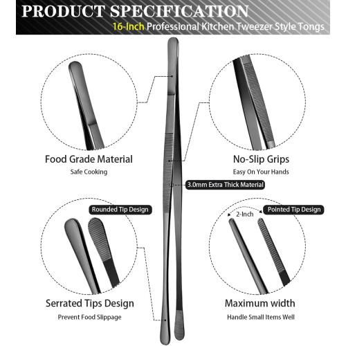 JETKONG 2 Pcs 16-Inch Kitchen Tweezers Tongs with Precision Serrated Tips, Stainless Steel Chef Tweezer Professional Cooking Tweezers for BBQ, Plating and Serving (16-Inch, Black)