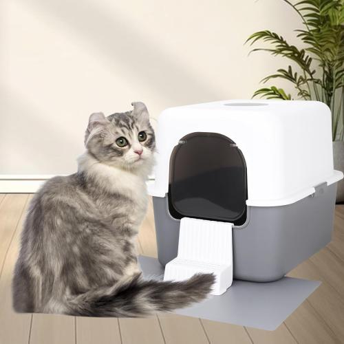 Sfozstra Grey Enclosed Cat Litter Box - Top & Front Entry | PP Material, Lift-Off Buckle Lock, High Sides, Odor Control Deodorizer, Sand Pedal, Carry Handle, for Cats Under 8 Lbs‼️incomplete missing accessories ‼️