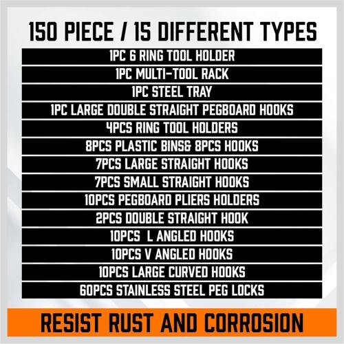 HORUSDY 150 PCS Pegboard Hooks Assortment Kit – 15 Types Heavy Duty Pegboard Accessories with Bins – Fits 1/8 & 1/4 Inch Pegboard Metal Hooks for Garage, Workshop, and Tool Organization