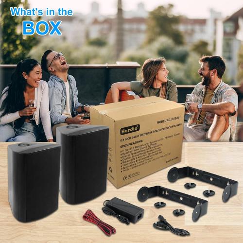 2pk Herdio 6.5 Inches Outdoor Bluetooth Speakers Waterproof with Powerful Bass,Wall Mount Speakers Wired Weather Resistant for Patio Home Deck Porch Backyard 400 Watts(Black)