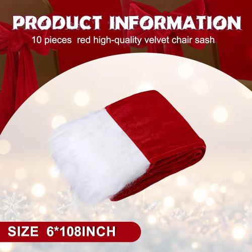 Thyle 10 Pcs Christmas Burgundy Red Velvet Chair Sashes 6 x 108 Inch Large Red Bows Chair Cover with White Fluff Decoration for Xmas Wedding Event Holiday Banquet Party