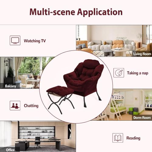 Lazy Chair with Folding Ottoman, Accent Chair Velvet Upholstered with Metal Structure and Non-Slip Pads, Sofa Armchair with Footrest and Side Storage Bag for Dorm, Room, Office, Burgundy