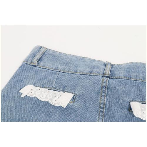 Size L Denim Shorts Women Teen Girls High Waisted Sweet Lace Hem Cute Bow Wide Leg Blue Jean Shorts