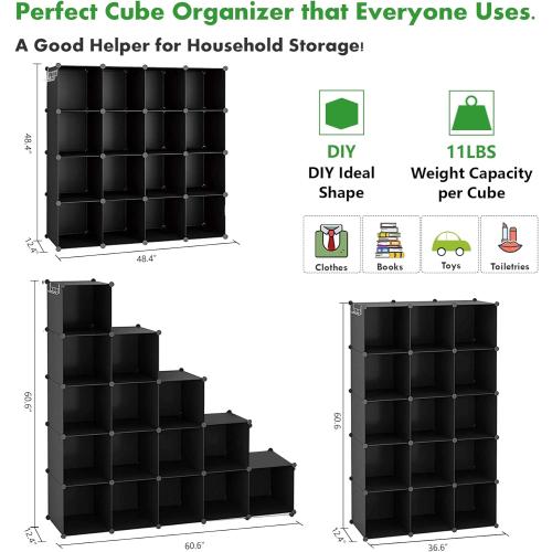 C&AHOME Cube Storage Organizer, 16-Cube Shelves Units, Plastic Storage Cubes, DIY Closet Organizer, Modular Closet Storage Shelves Ideal for Home, Bedroom, 48.4 L × 12.4 W × 48.4 H Black SUM3016H