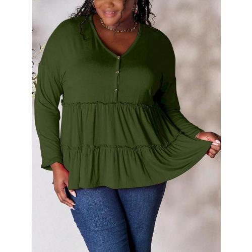 SIZE. XL.   Women's Casual Blouse Ruffle Layered Half Button Blouse Top Charcoal Lightweight Knit Fabric Long Sleeve Button-Front