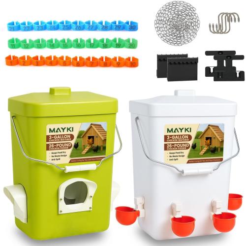 MAYKI Chicken Feeder and Waterer Set, 3 Gallon/26 LB No Waste Poultry Feeding System with Hanging Option, Automatic Coop Accessories for 10 Hens, Upgraded Feeder Port Water Cup, BPA-Free Winter Design‼️light dirt‼️