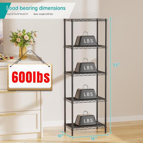 SINGAYE Metal Shelves Wire Shelving：Storage Rack Standing Units Shelf for Kitchen Laundry Bathroom Closet Organizers Pantry Narrow Mesh Adjustable 10 D x 16 W x 55 H Black