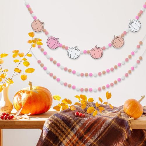 Breling 3 Pcs 10 ft Fall Felt Ball Garlands Pink Pumpkin Felt Pom Pom Banner Autumn Pumpkin Garland Decorations Festive Harvest Hanging Decorations for Fall Thanksgiving Home Wall Mantle Hanging Decor