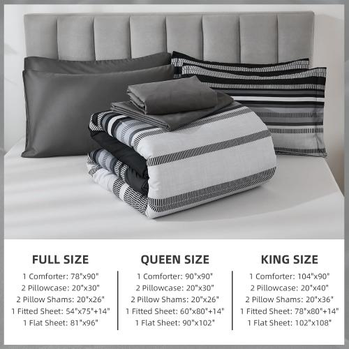 Dobuyly Black Comforters Queen Size Set 7 Pieces, Boho Striped Grey Bed in a Bag Queen Soft Microfiber Bedding Set with Comforter, Sheets, Pillowcases & Shams All Season