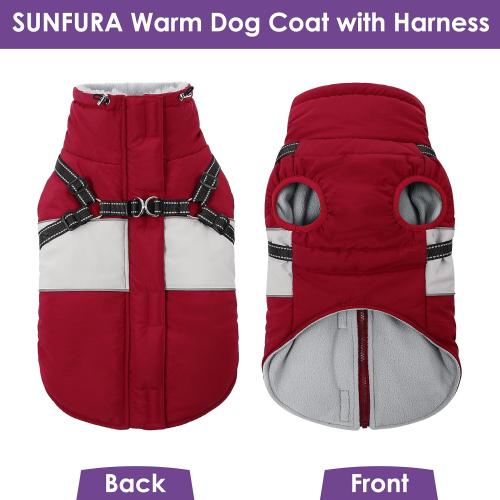 SUNFURA Small Dog Coat with Harness Built in, Warm Dog Jacket Winter with Zipper On Back, Waterproof Pet Snow Jacket Snowsuit Pet Sweater Clothes for Puppy, Burgundy XS