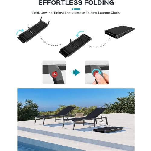 Ciokea Aluminum Chaise Lounge Ourdoor, Foldable & Assemble Free Outdoor Lounge Chair with 5 Adjustable Backrest, Patio Lounge Chair for Outside Poolside Beach Pool, Black