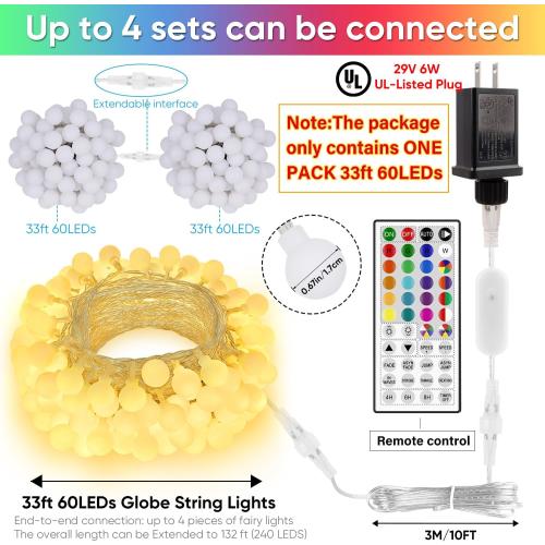 OMIKA 33FT Connectable Globe String Lights Indoor, 24 Color Changing Fairy Lights Plug in with Remote, 60 LEDs 128 Modes Christmas Lights Outdoor Waterproof for Tent Camping Bedroom Party Xmas Decor
