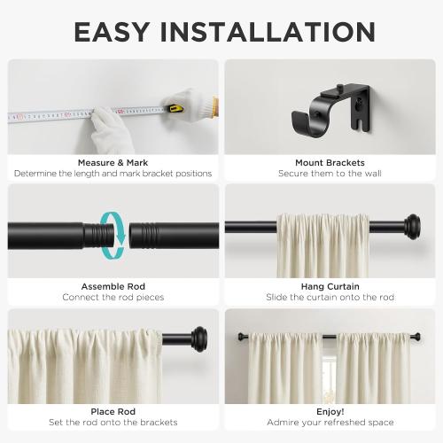 Joydeco Black Curtain Rod Adjustable 32-88 Inches, 1 Diameter Heavy Duty Curtain Rods for Windows, Decorative Splicing Drapery Rods with Resin Finials for Living Room Bedroom Kitchen