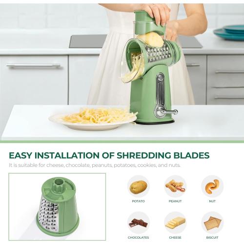 SUSTEAS Rotary Cheese Grater with Handle - Vegetable Shredder with 5 Well-designed Blades & Strong Suction Base,Round Mandoline Slicer & Food Chopper for Kitchen,with Blade Storage Box(Retro Green)