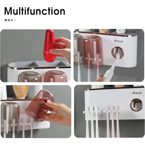 iHave Toothbrush Holders Bathroom Decor with Toothpaste Dispenser, 2 Cups Toothbrush Holder Wall Mounted Bathroom Accessories