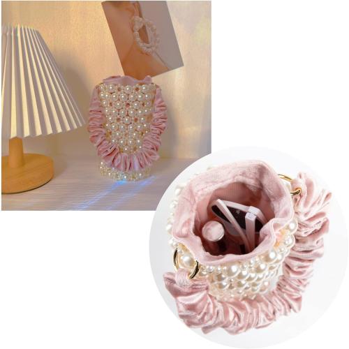 YUSHINY Women Faux Pearl Beaded Evening Pleuche Bucket Handle Bags with Velvet Lining for Wedding Party
