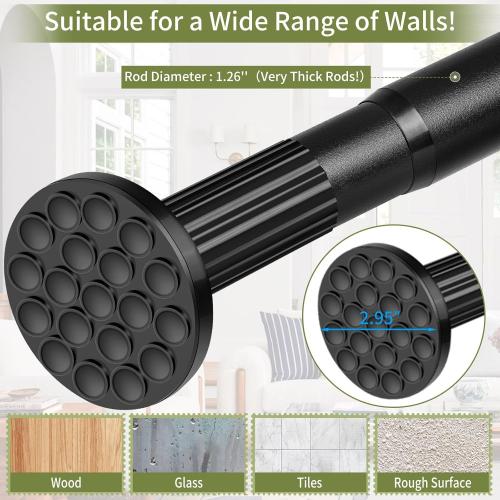 Tension Shower Curtain Rod 51-126In(4.25-10.5Ft), Long Shower Curtain Rod No Drilling for Window or Bathroom Patio, Adjustable Spring Shower Rod, Easy to Install Never Rust Rod Diameter 1.26Inch-Black