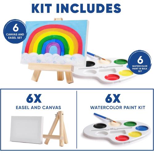 Set of 6 Mini Canvases 4x6 & Easel Set with Watercolors Paint - Party Favors for Kids 3 to 5 - Goody Bag Stuffers - Return Gifts for Kids Birthday - Small Canvases for Painting