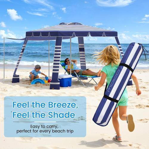 MoKo Beach Cabana,120 Sq. Ft. Large Beach Canopy Tent Sun Shade, UPF 50  Protection Easy Setup Beach Tent, Adjustable Height Wind Resistant Cabana Sun Shelter for Whole Family, Navy Stripes