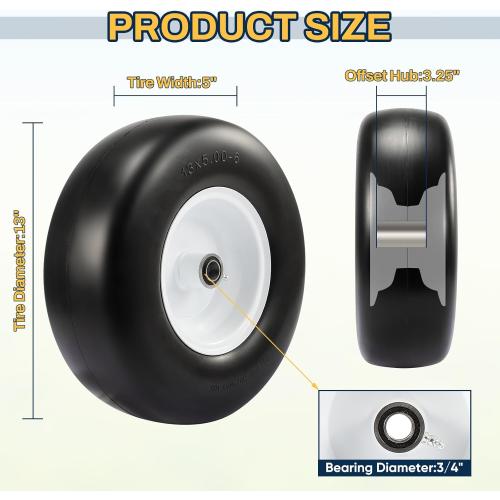 13x6.50-6 Flat Free Lawn Mower Tire, Zero Turn Mower Front Tires, 13x5x6 Solid Lawn Mower Tires for Residential and Commercial, with Centered Hub, 2 Pack