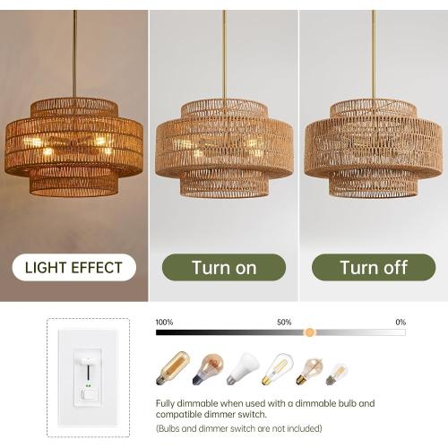 4-Light Boho Rattan Chandelier Light Fixture, 17.7” Hand Woven Rustic Chandeliers Farmhouse Chandelier Hanging Light for Dining Room Kitchen Island, Living Room, Foyer