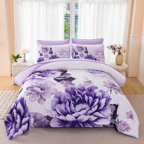 King Size Bed Floral Comforter Sets for Women Soft Lightweight 1 piece Flower Bedding Set All Season(Purple, King)