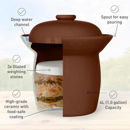 Fermentation Crock Jar Fermenting Crock with Glazed Weights- Onggi Kimchi Pot for Fermenting Delicious Kimchi, Kombucha & Pickles - Stoneware Sauerkraut Crock Pickling Fermenter (4L BROWN)
