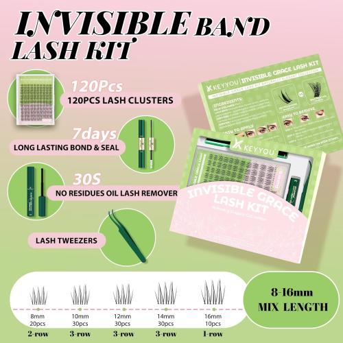 KEYYOU Natural Lash Clusters Kit Aurora Wispy Lash Extension Kit C Curl | Untra-Thin 0.03mm Clear Band,Poke-Free Comfort, Featherlight Fibers, Seamless Mascara Look,Eyelash extension Kit,8-16mm