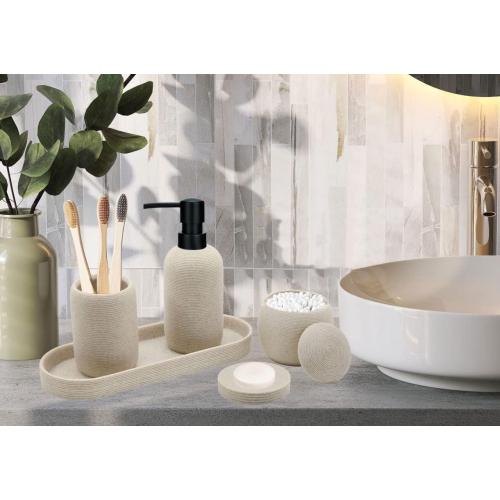 Beige Resin Bathroom Accessory Set, 5 Pcs Bathroom Accessories Set with Lotion Dispenser,Soap Dish,Toothbrush Holder,Vanity Tray,Qtip Holder Dispenser, Modern Bathroom Decor and Housewarming Gift Set