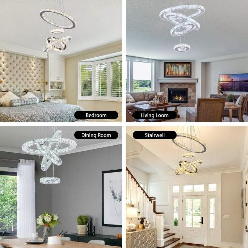 Silver With 4r Cool White LED Chandeliers, Modern Crystal Chandelier Dining Room Living Room LED Ceiling Pendant Light 4 Rings Adjustable Stainless Steel Contemporary Chandeliers (4r Cool White)