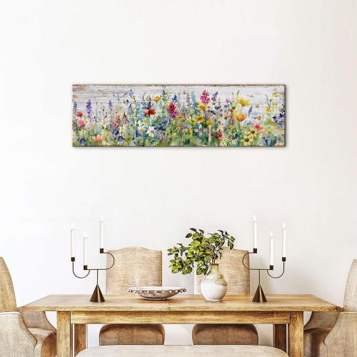 Rustic Wildflower Wall Art Colorful Farmhouse Floral Scenery Picture Decor Watercolor Flower Landscape Wood Grain Prints Painting Artwork for Living Room Office Bathroom Bedroom Home Decoration 14x48