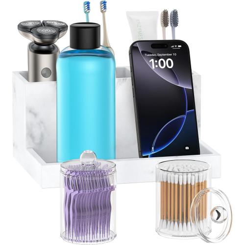 Toothbrush Holder for Bathroom with 2PCS Qtip Holder Dispenser, 3 Slot Bathroom Accessories Holder Floss Cotton Swab Holder Bathroom Vanity Tray for Perfume Comestic Organizer Counter Storage, White