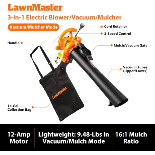 LawnMaster BV1210 Electric Blower Vacuum Mulcher 12 Amp 2-Speed Adjustment with Metal Impeller 240 MPH 380 CFM 16:1 Mulch Ratio with Collection Bag
