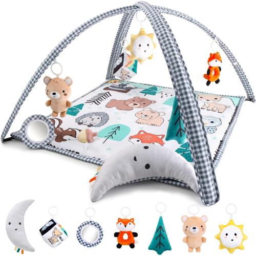The Peanutshell Unisex Baby Play Gym & 7-in-1 Play Mat - Playmat Baby Toys 0-6, 6-12 Months Tummy Time Mat with Hanging Toys, Soft Padded for Newborns, Infants - Woodland