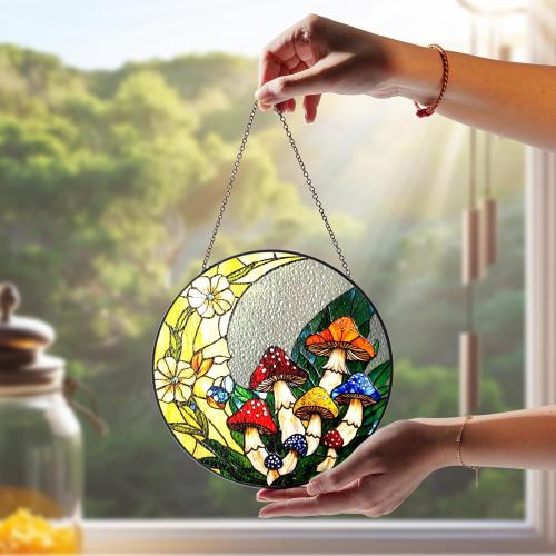 7.8 Mushrooms Stained Glass, Suncatcher for Window Hanging, Suncatcher Art Decor for Home Garden Housewarming, Natural Scenery Gift for Mom, Grandma, Women, Friends, Couples ART-12E-SG8