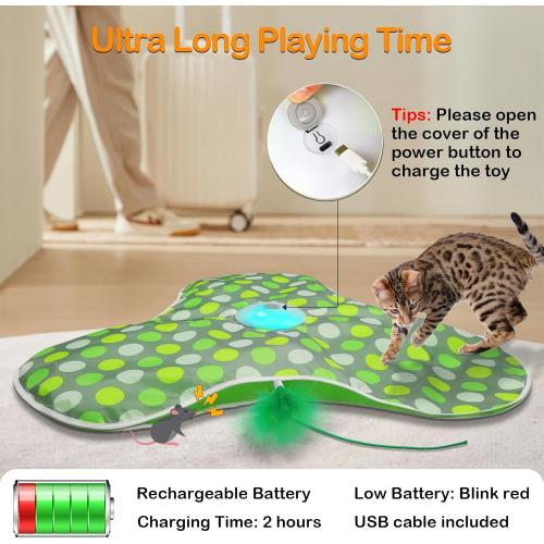 Interactive Cat Toys Rechargeable,Moving Concealed Feathers,Real Mouse Squeaky,Touch Activated Cat Kitten Toy Exercise Toys for Indoor Bored Adult Cats