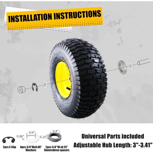 MZREXN 15x6.00-6 Lawn Mower Tires and Wheel Assembly, Front Tires Replacement, Compatible with John Deere & More Riding Mowers, 4 Ply Pneumatic, 3 Offset Hub, 3/4 Bearings, Tubeless, 2PCS